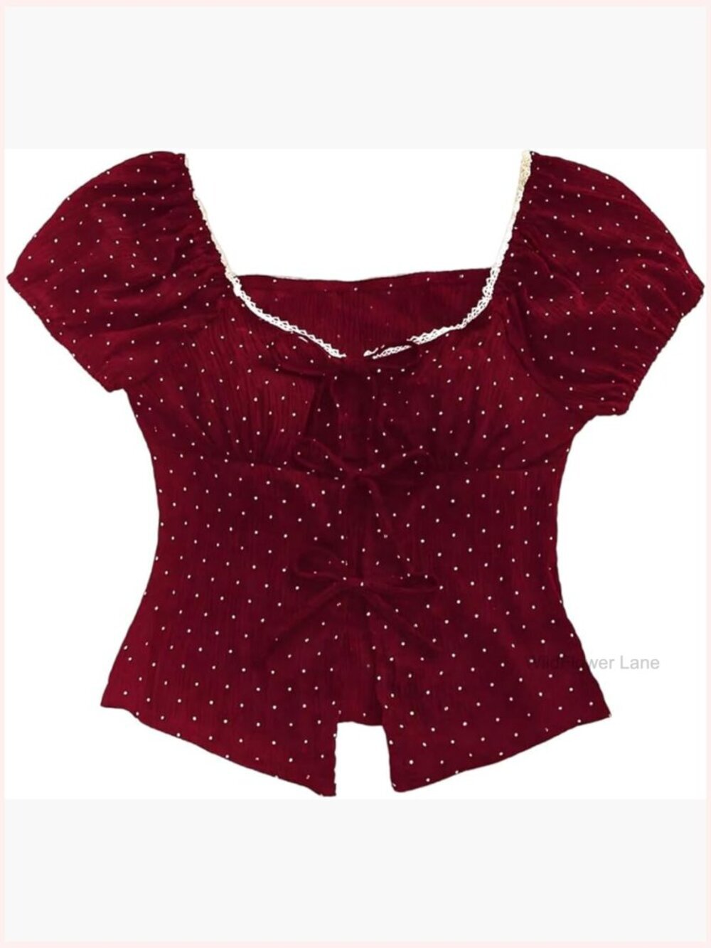 Vintage Bow Tie Puff Sleeve Blouse Polka Dots Lace Trim Sweetheart Neck Cute